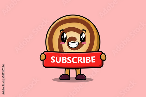 Cute cartoon Cookies character holding red subscribe board