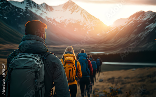 Fototapet Group tourists of hiker sporty people walks in mountains at sunset with backpacks