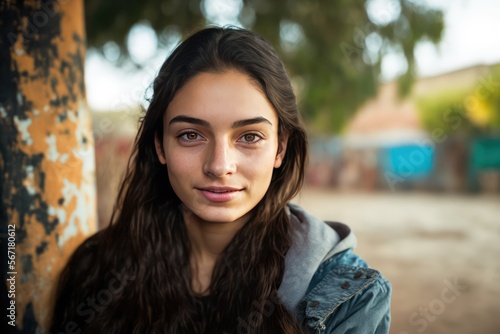 Beautiful smiling teenage girl wearing a jeans jacket looking at the camera at her high school schoolyard. Generative AI