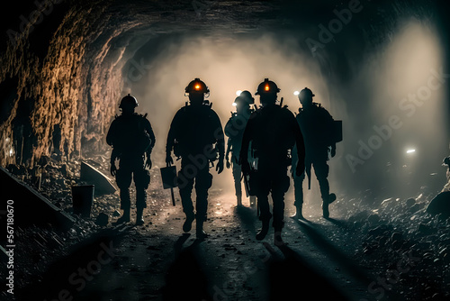 Silhouette of miners with headlamps entering underground coal mine, Industry worker. Generation AI