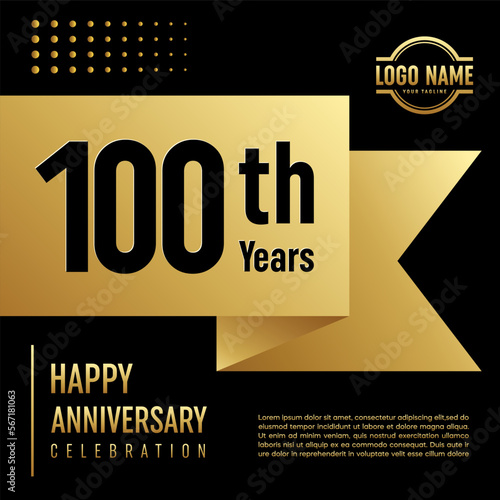 100th Anniversary template design concept with golden ribbon for anniversary celebration event, invitation card, greeting card, banner, poster, flyer, book cover. Vector Template photo