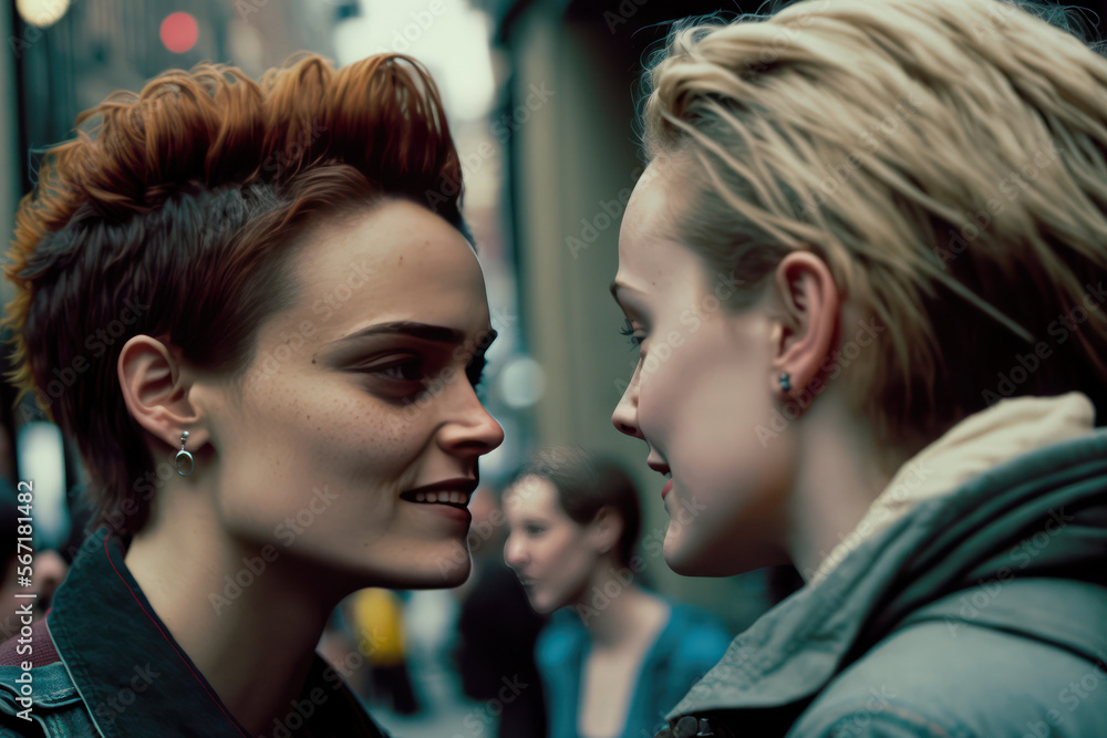 Smiling lesbian women flirting in the street. Generative AI Smiling lesbian women flirting in the street. Generative AI