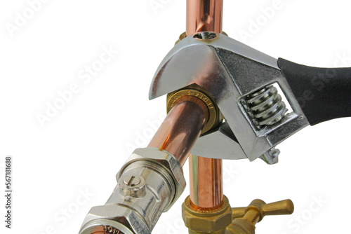 A wrench being used to adjust a compression tee, png transparent