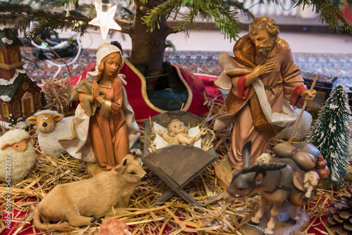 Close up of decorative creche figurines, Bavaria, Germany