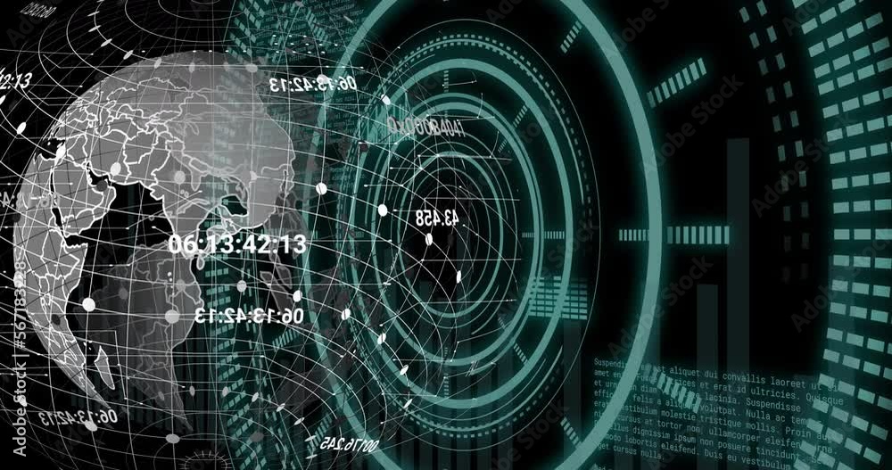 Animation of data processing and globe over scopes scanning Animation of data processing and globe over scopes scanning