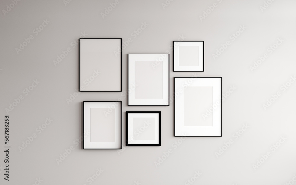 Empty white painted frames mockup close up on grey wall. Decorative black frames. Wall background. Template for artwork, painting, photo or poster. 3d rendering Empty white painted frames mockup close up on grey wall. Decorative black frames. Wall background. Template for artwork, painting, photo or poster. 3d rendering