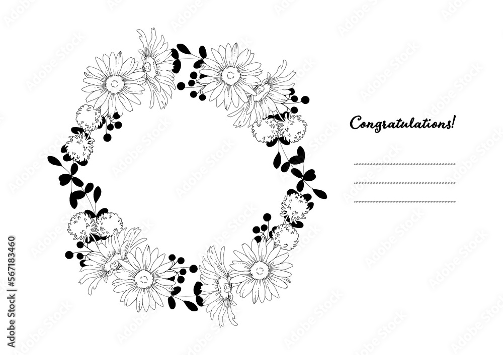 Obraz premium 花の手描き線画のお祝いカードテンプレート