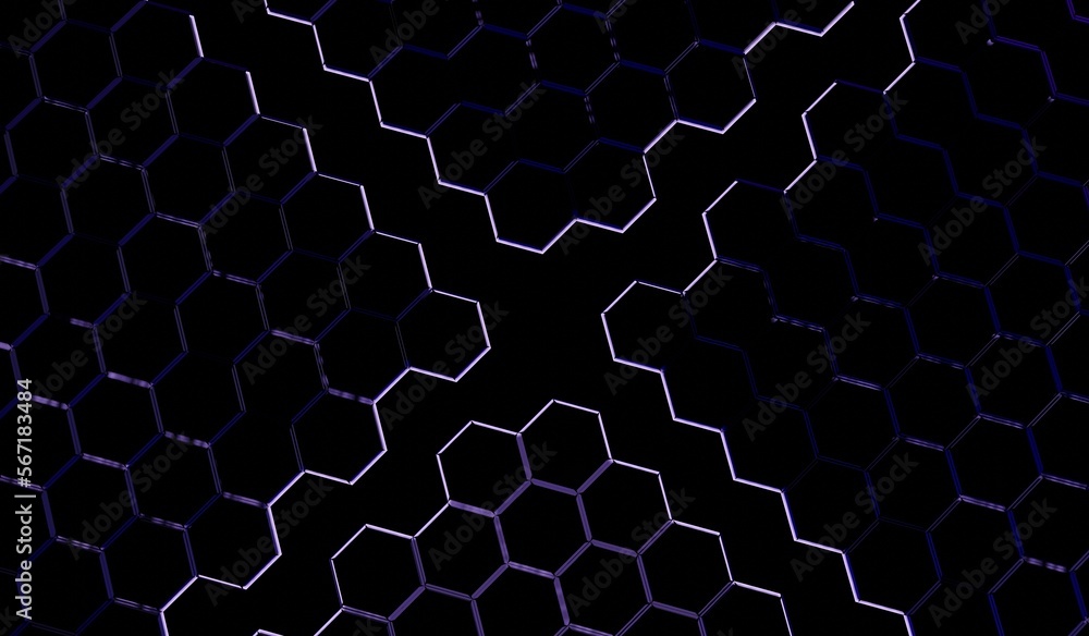 Fototapeta premium Hexagonal red neon gaming background textures in dark mode. Dark gaming background suitable for your background. Illustration 3d rendering design.