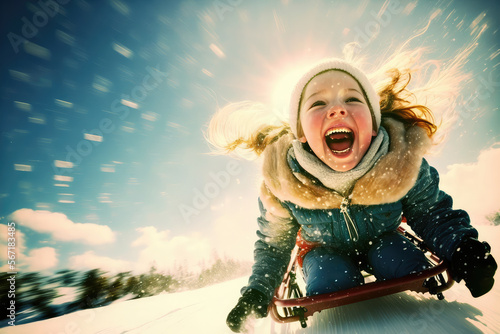 Bright girl on sled flying down snowy slope, sunshine in background, generative ai