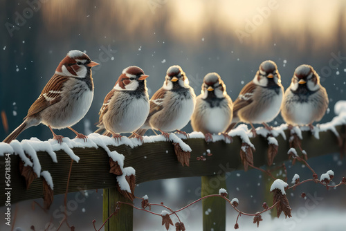 Funny winter sparrows flock on garden fence, generative ai