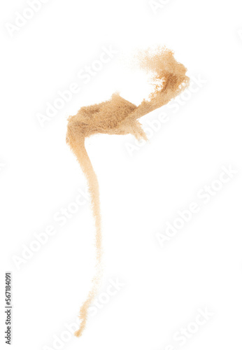 Small size fine Sand flying explosion, Golden grain wave explode. Abstract cloud fly. Yellow colored sand splash silica in Air. White background Isolated high speed shutter, throwing freeze shot © Jade