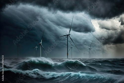 A storm at sea hits a group of offshore wind turbines. Ai generated.