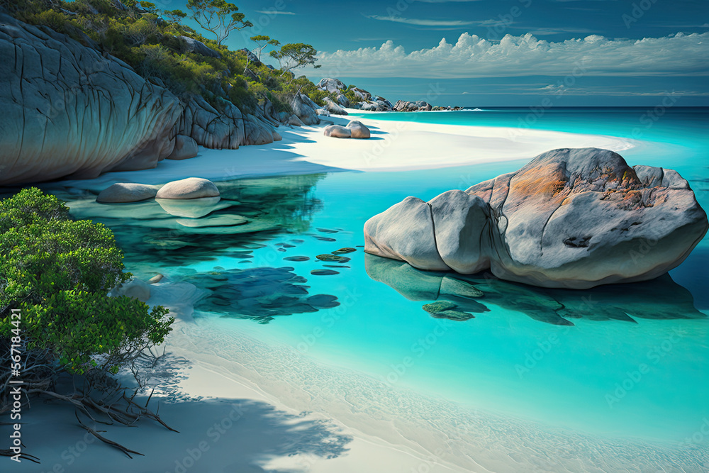 Fototapeta premium A secluded beach with white sandy shore and crystal clear water, sea, beach, water, island, coast, ocean, landscape, nature, sky, sand, summer, travel, tropical, view, bay, holiday, vacation, rock, ro