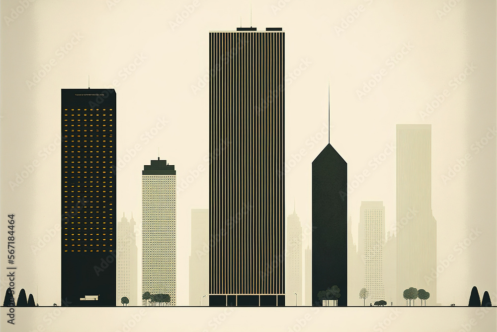 Illustration of a city skyline with skyscrapers, minimalist cream paper design. Ai generated.