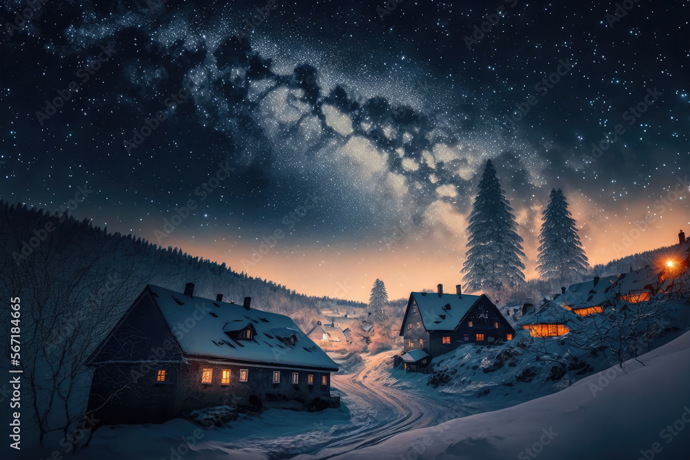 Starry night sky above a snow-covered village in , generative ai