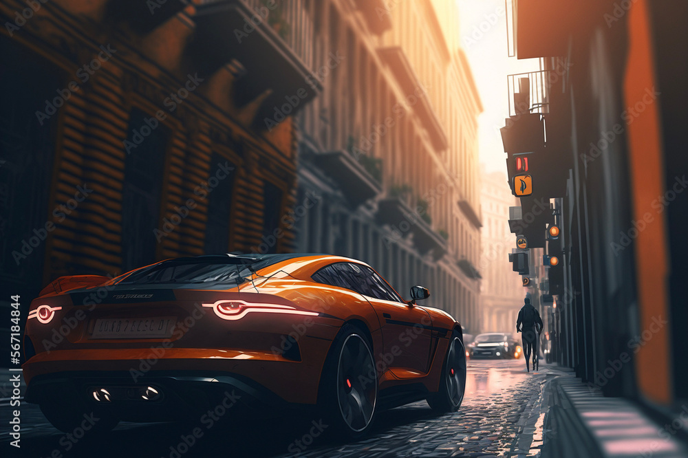 Fototapeta premium Sports car driving in city. Generative AI