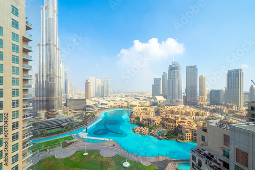Fotografiet General view of the Dubai Fountain, Dubai mall and Burj Khalifa in Dubai, United Arab Emirates on November 30 2022