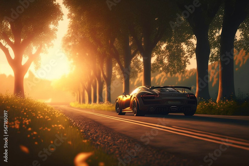 Sports car driving in countryside at sunset. Generative AI