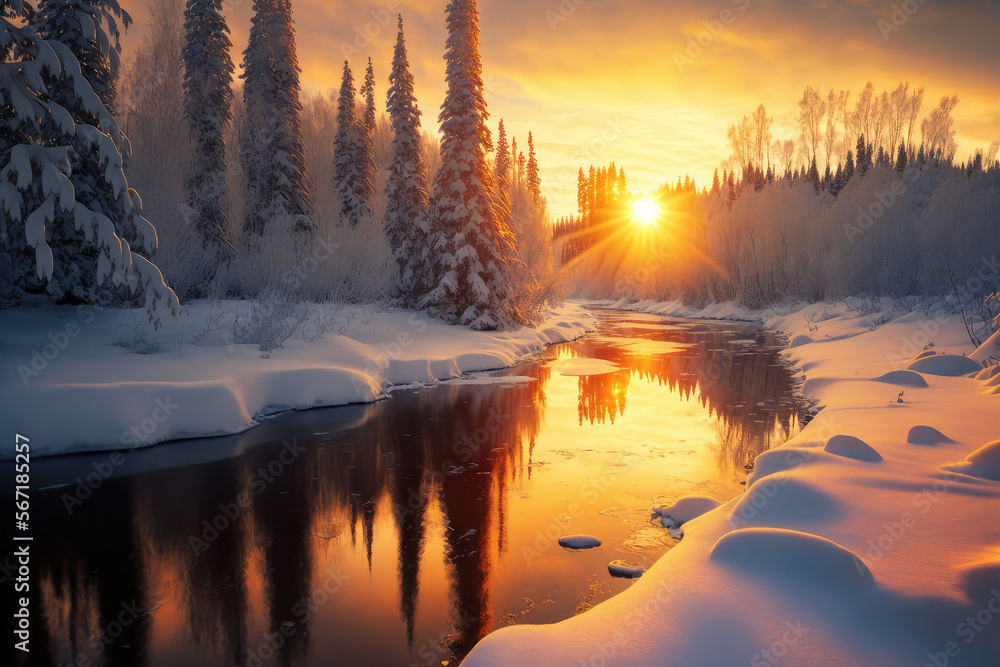 Winter forest and river shine in golden sunset light, generative ai