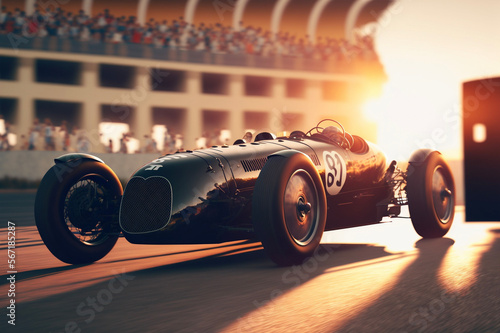 Classic sports car on track at sunset. Generative AI