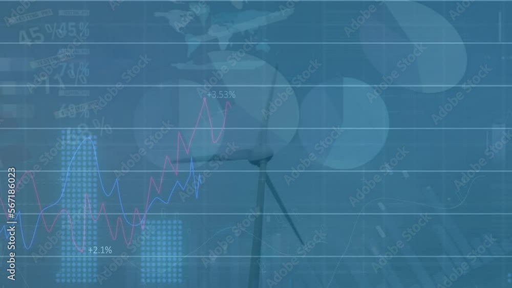 Animation of financial data processing over wind turbine Animation of financial data processing over wind turbine