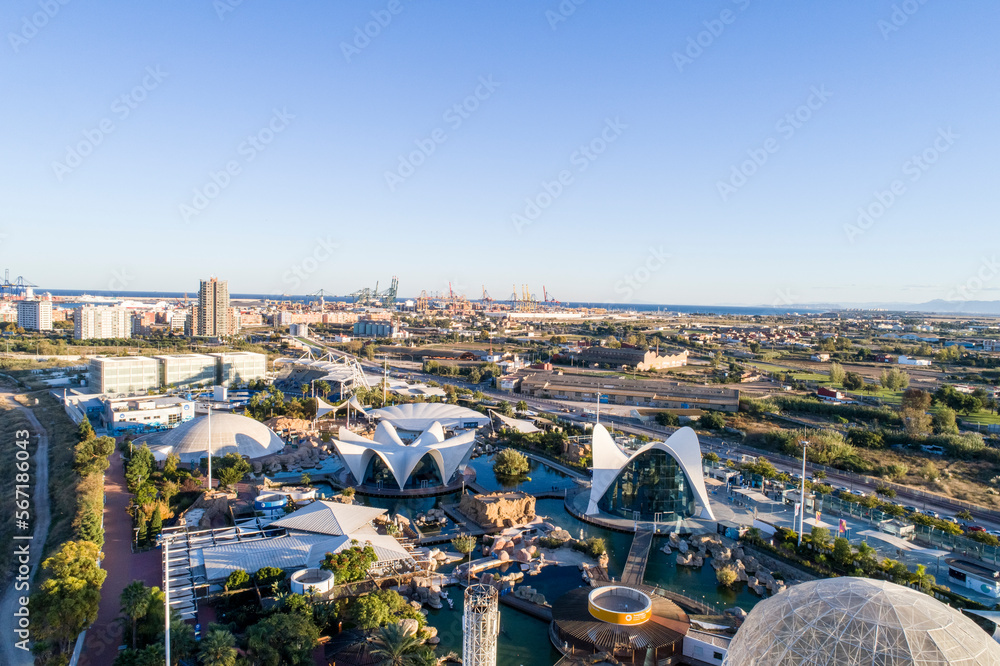 Aerial view of the City of Arts and Science in Valencia before sunset