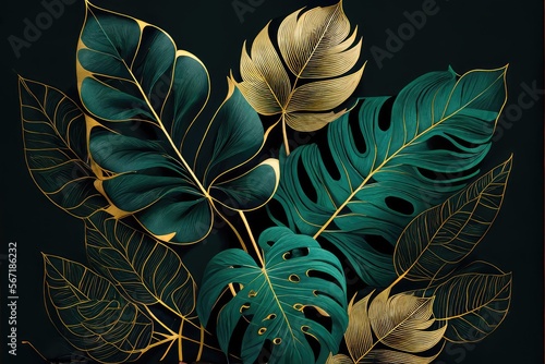 Wallpaper Mural Dark green and gold tropical large monstera leaves, luxury background. Generative AI Torontodigital.ca