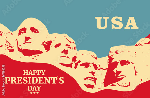 Presidents Day Rushmore landscape background   poster design. President's Day banner. President's Day greeting card