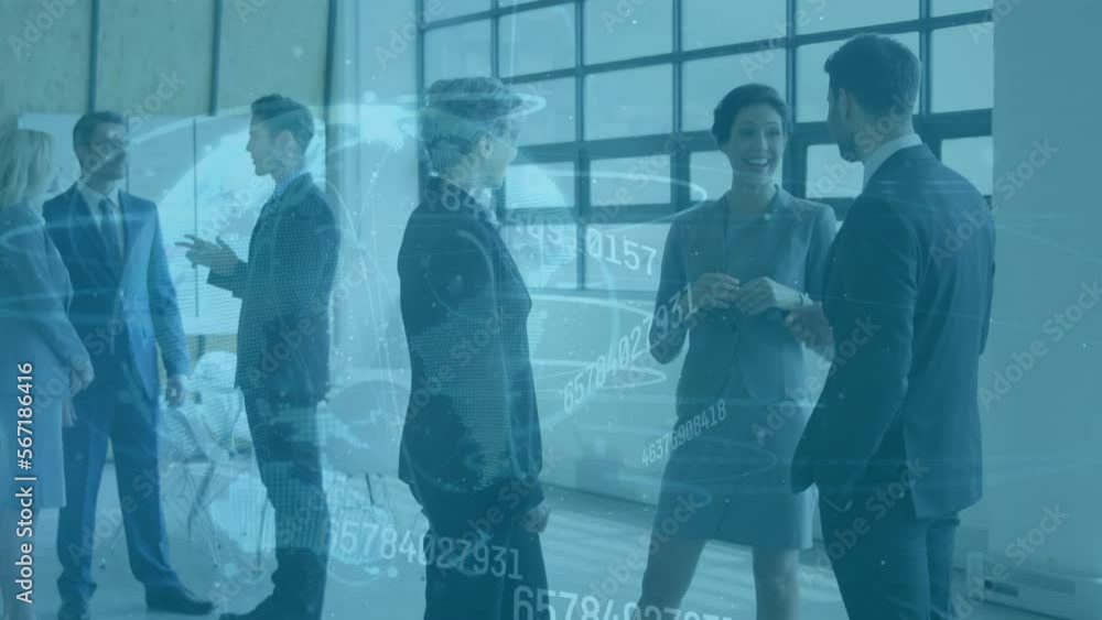 Animation of globe and financial data processing over diverse business people Animation of globe and financial data processing over diverse business people