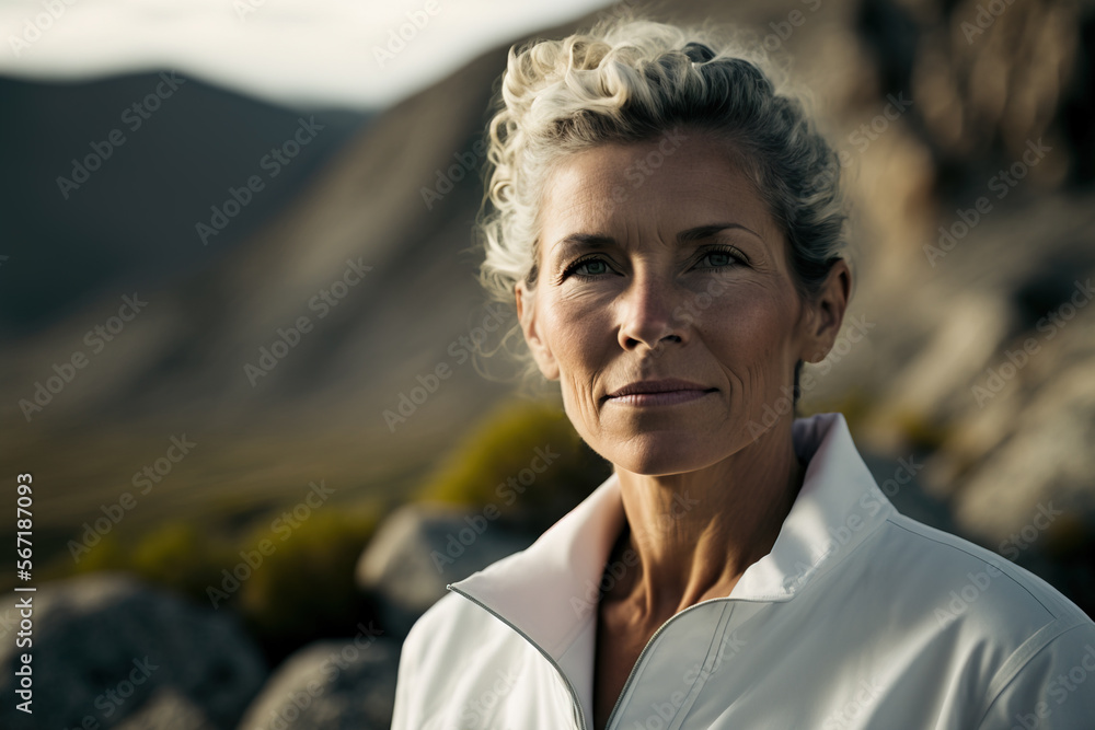 Mature woman ecologist standing in front of a mountain. Generative AI. Mature woman ecologist standing in front of a mountain. Generative AI.