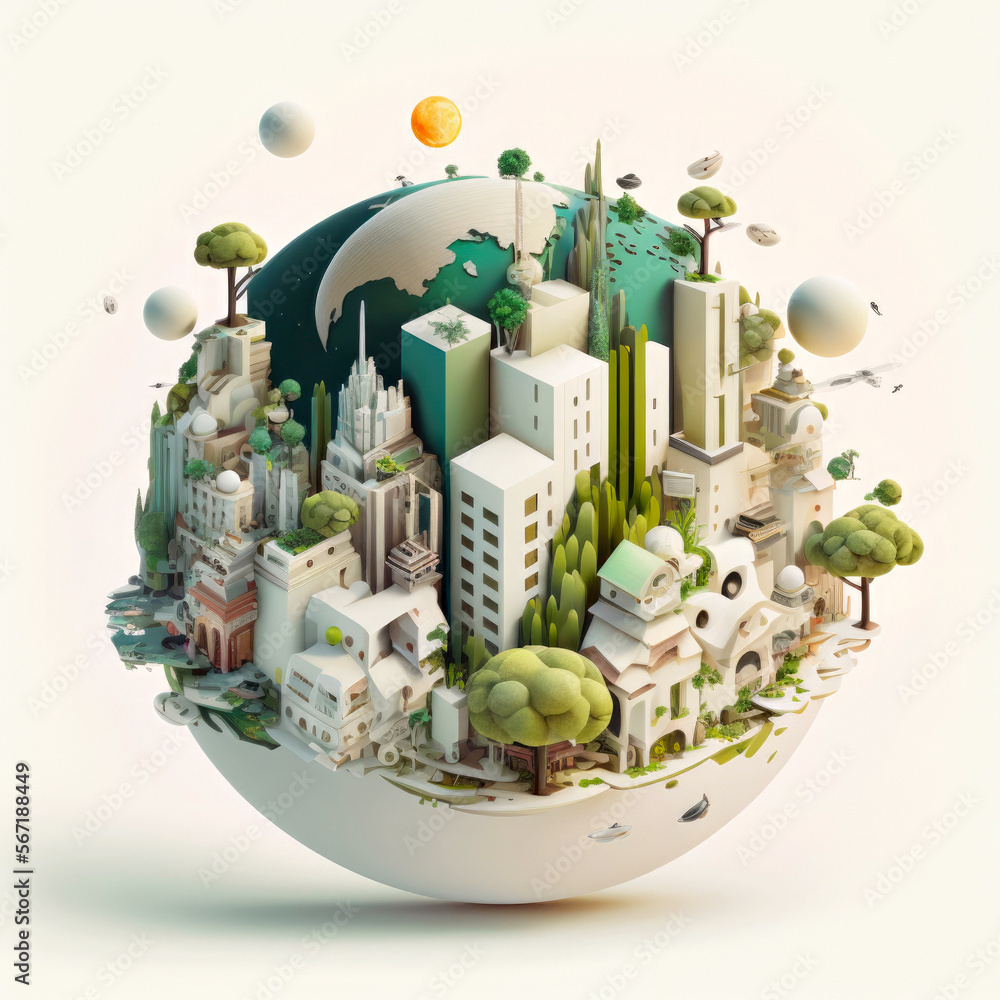 3d knolling sphere futuristic green planet Earth, low impact living. Sustainable architecture concept, AI generative. - obrazy, fototapety, plakaty 