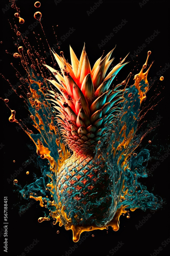 Tasty pineapple, burst of taste represented by vibrant color splashes. AI generative illustration on black background. Tasty pineapple, burst of taste represented by vibrant color splashes. AI generative illustration on black background.