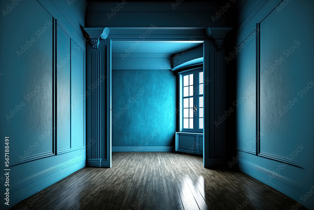 Empty room with blue walls, floor and ceiling, light from small window ...