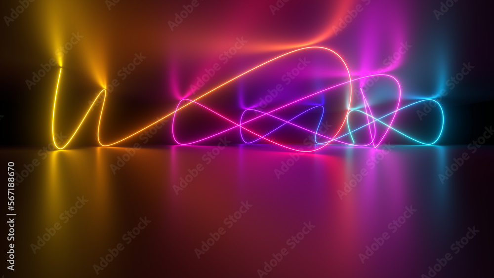 Sci Fy neon glowing wave lines in a dark hall. Reflections on the floor and ceiling. 3d rendering image. Abstract glowing lines. Techology futuristic background.