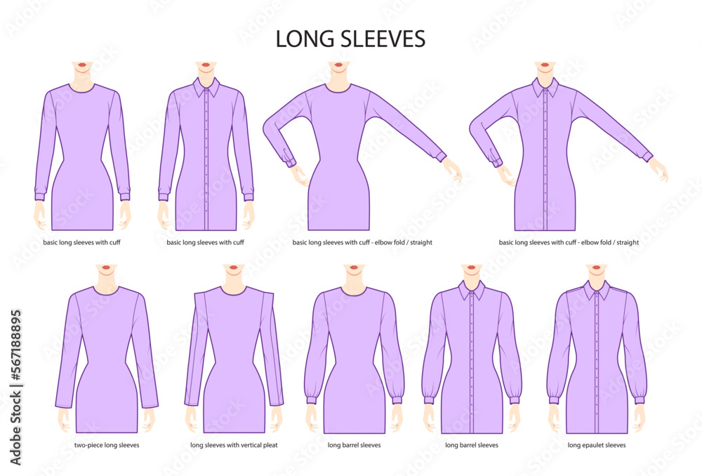 Set of Long sleeves basic clothes with cuff, long length, barrel, two  piece, vertical pleat, epaulet technical fashion illustration. Flat apparel  template front side. Women, men unisex CAD mockup Stock Vector