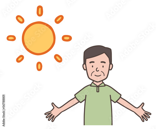朝日を浴びる若い中年男性