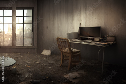 abandoned room in the middle of an empty city lit by a broken window, artificial intelligence 