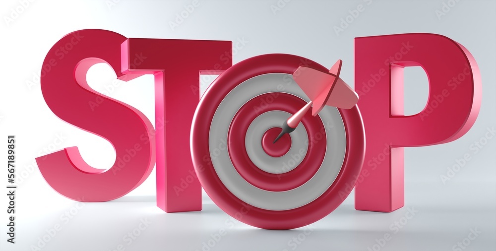 3D Text STOP with small dartboard on white background. 3D Rendering. Stop 3d text word. 3D Text STOP with small dartboard on white background. 3D Rendering. Stop 3d text word.