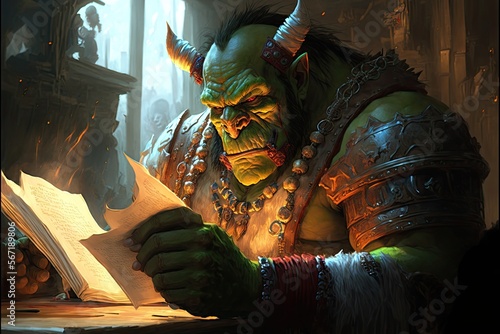  orc from World of warcraft universe fantasy style Studying demonology in the Scholomance, Western Plaguelands,, generative ai	 photo