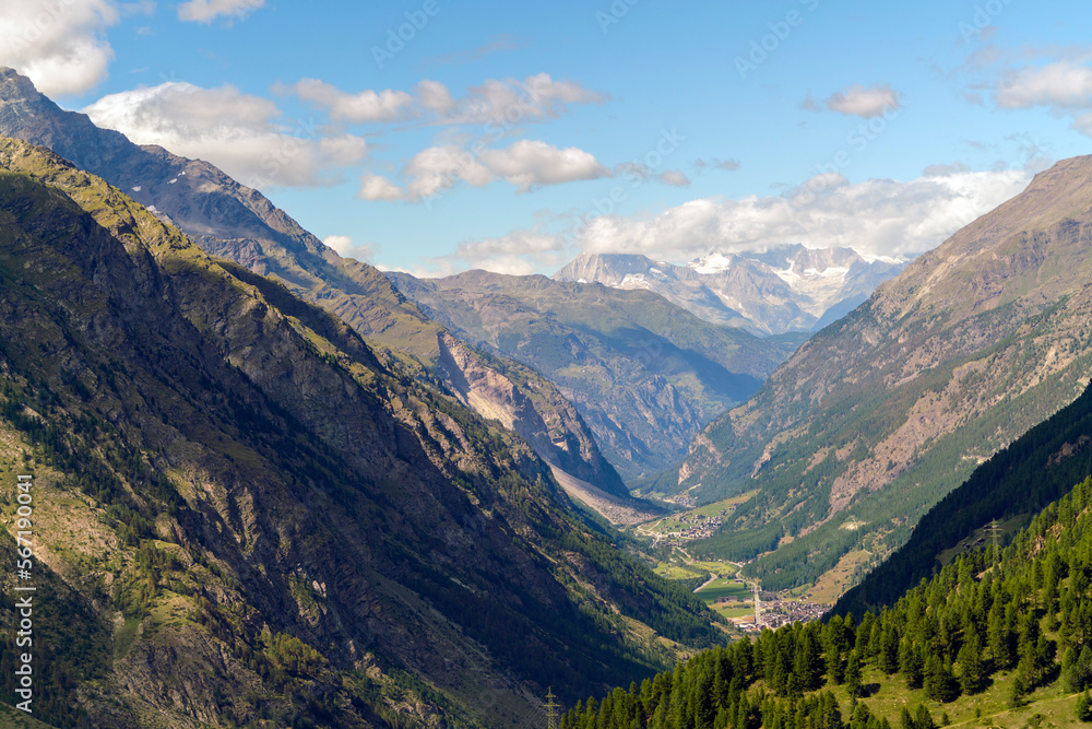 Valley in the alps surrounded by mountains in summer near Zermatt in Switzerland