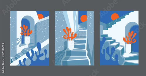 Santorini Vector Illustration Background. Traveling at Santorini Greece Europe with Historical Building Suitable for Print Art, Poster and Website. Flat Cartoon Vector Illustration in Colored Style.