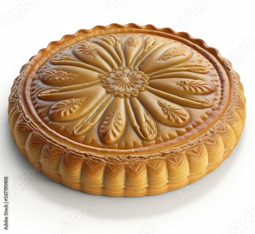 Beautiful and tasty king cake isolated on white background. French galette des rois illustration for advertising. Generative AI.