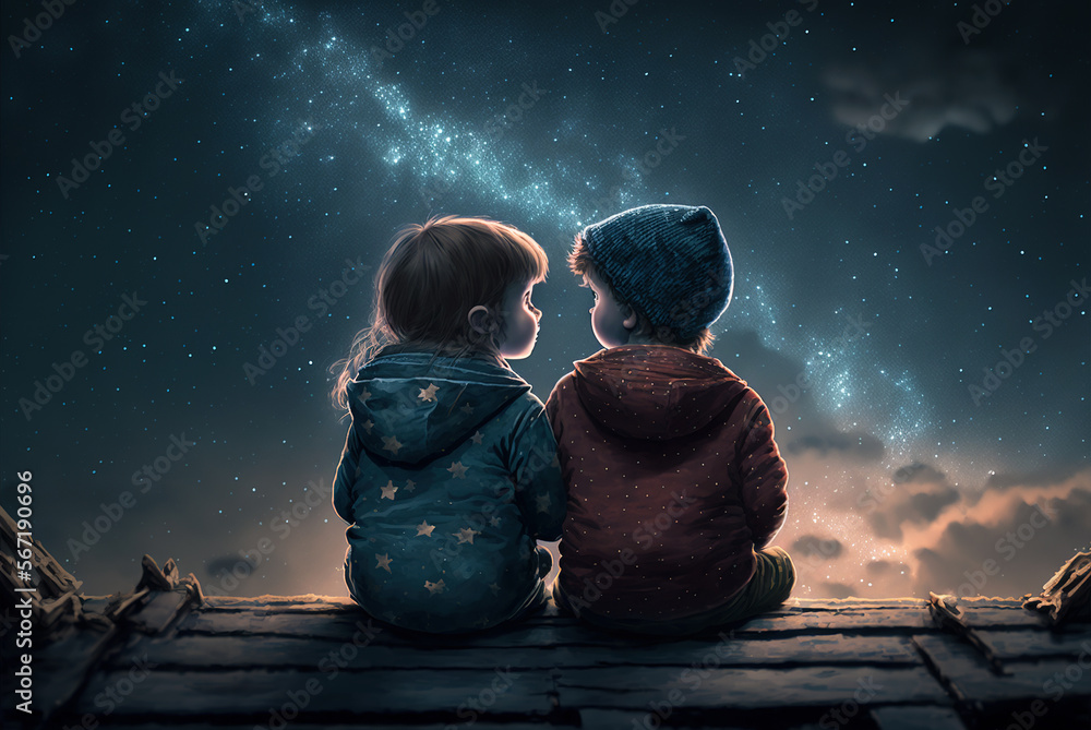 Kids sitting on roof at night, little boy and girl looks at stars on ...