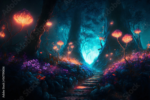 Fototapete Magic path in fantasy forest at night, luminous flowers and lights in dark fairytale wood, theme of fairy nature