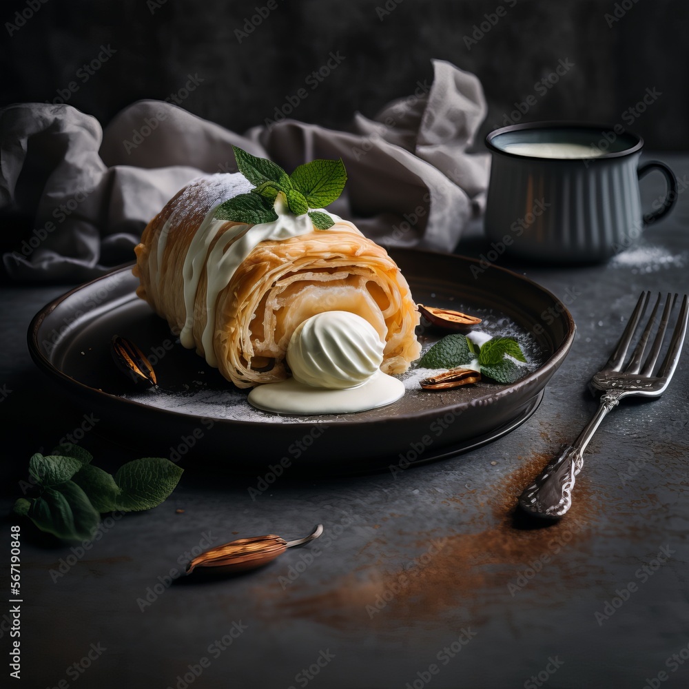 Delicious apple strudel with sweet cream on dark background