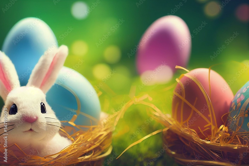 Cute easter bunny in the nest hatched from an easter painted egg.Easter