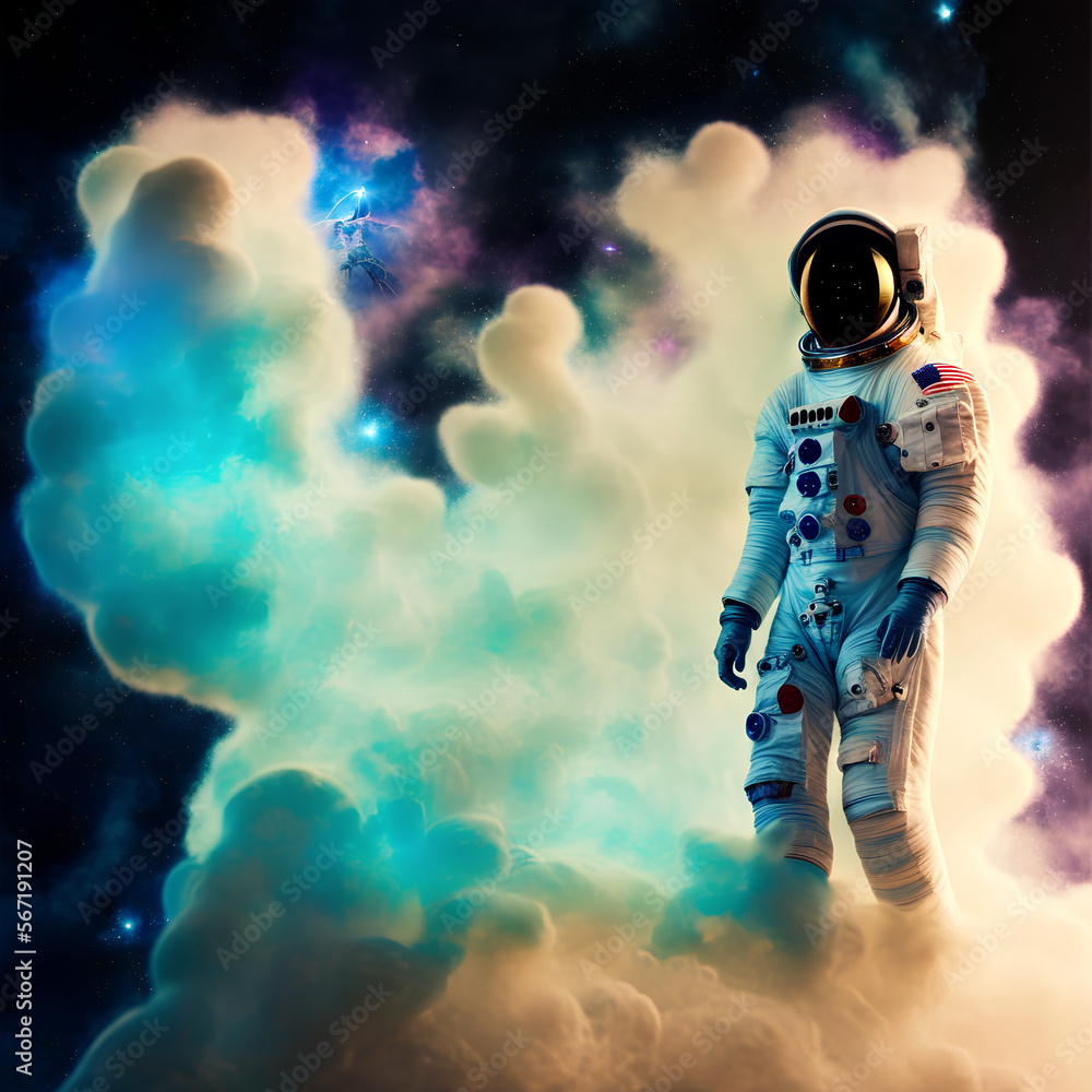 Fototapeta premium astronaut in space doing pose, with colorful smoke background