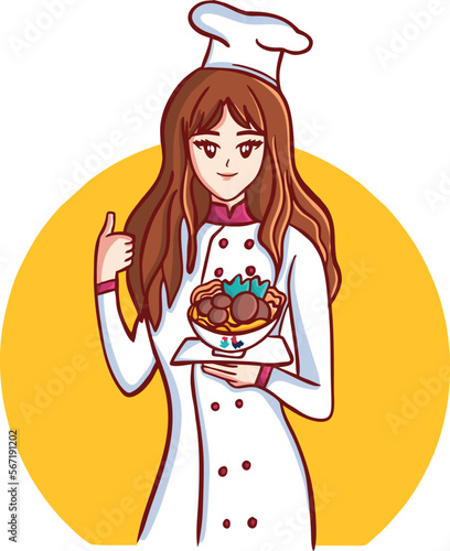 cute chef profession uniform with bakso logo illustration 