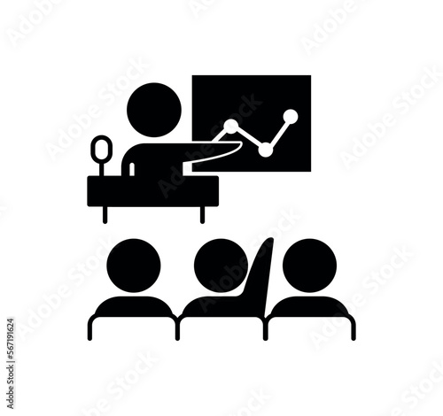 Business conference black icon. Man in front of presentation speaks publicly. Education and training, business master class. Financial Literacy and Market Research. Cartoon flat vector illustration