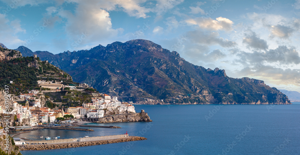 Amalfi town coast panorama, province of Salerno, Italy. All people are unrecognized. 